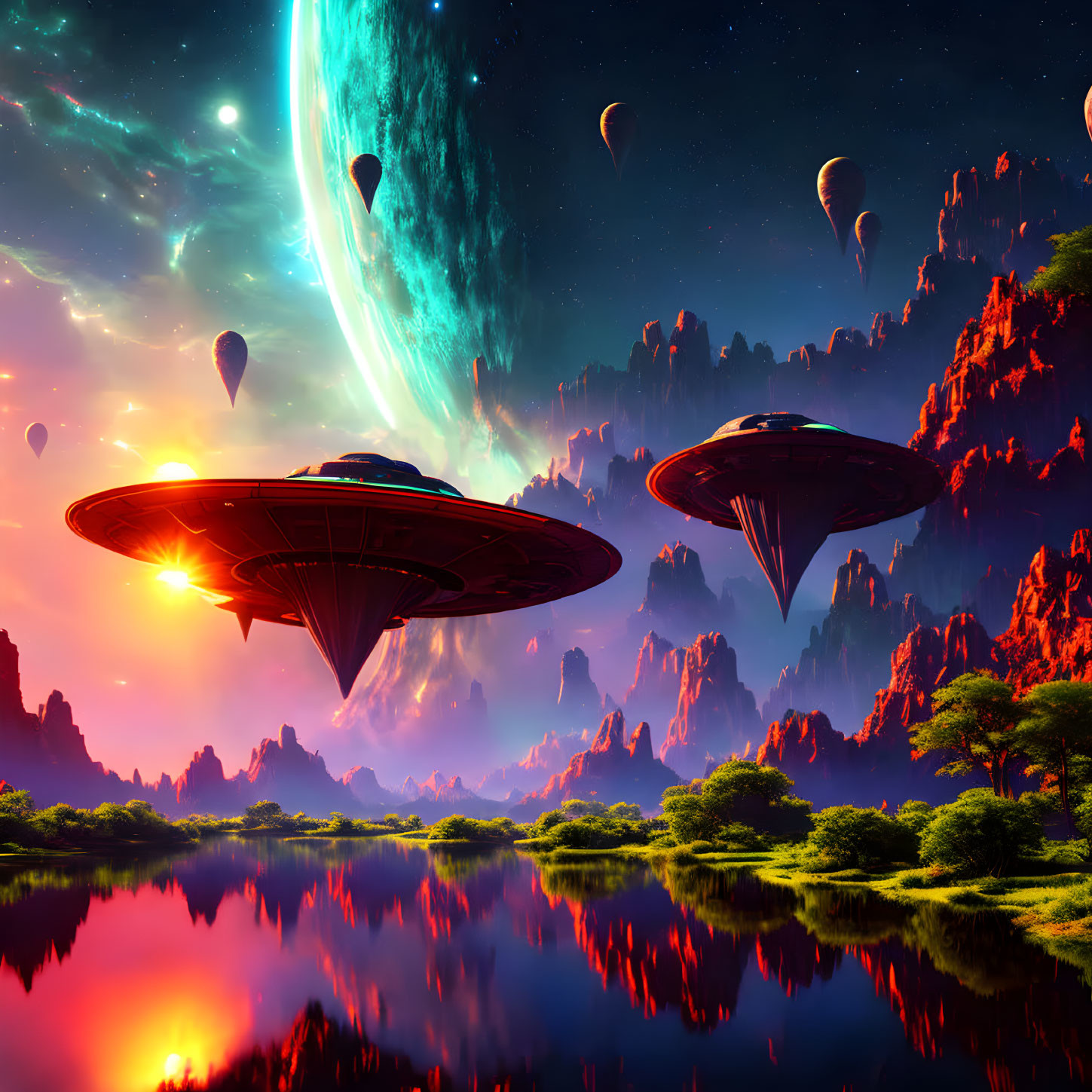 Sci-fi landscape with spaceships over alien lake and rocky terrain