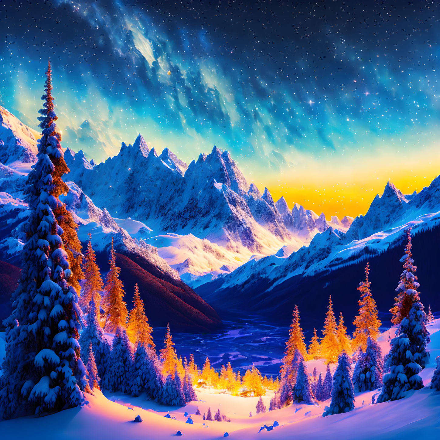 Winter landscape with snow-covered trees and mountains under a starry sky at twilight.