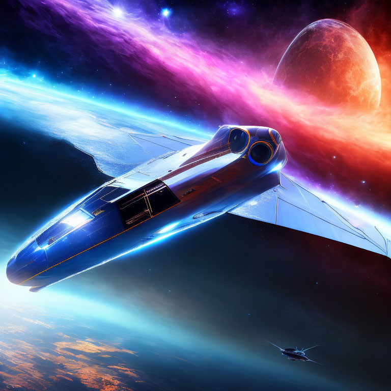 Futuristic spaceship in vibrant cosmic scenery