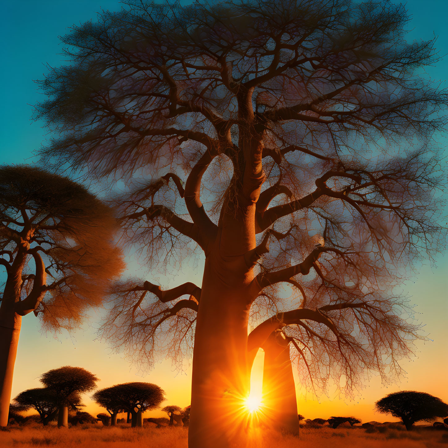 Savanna sunset with baobab tree silhouettes and orange sky