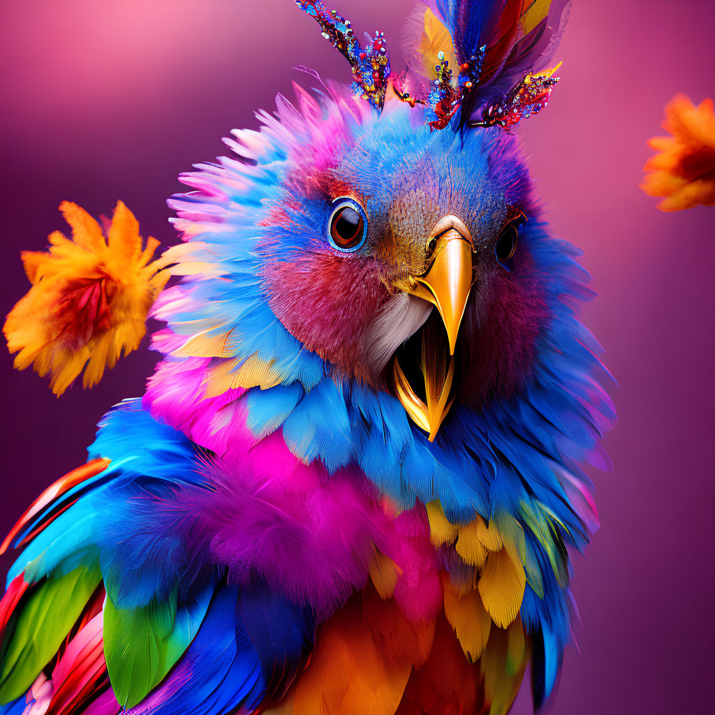 Colorful fantasy bird with golden beak and jewel accents