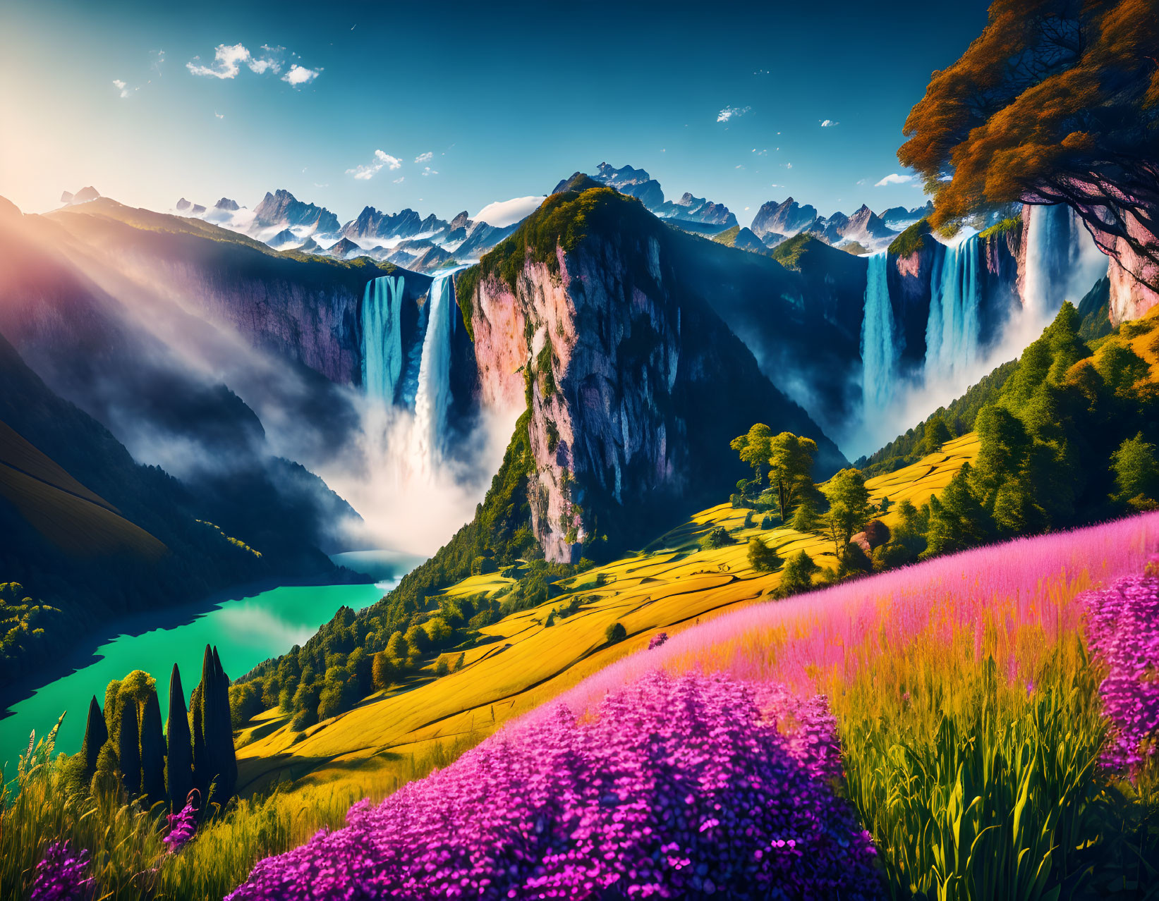 Majestic waterfalls, turquoise lake, lush greenery, purple flowers, mountain peaks in warm