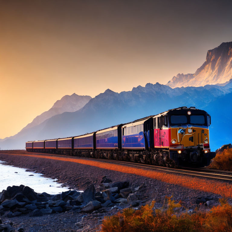 Scenic passenger train journey at sunset with mountain backdrop