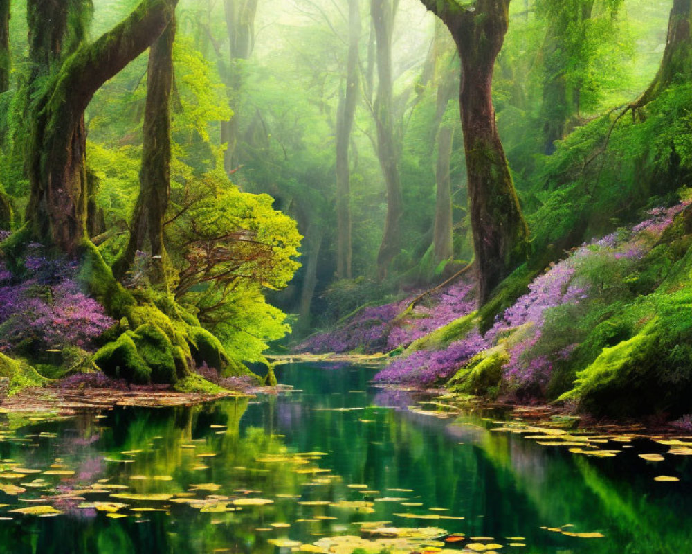 Tranquil forest scene with green trees, purple flowers, serene river, and lily pads in