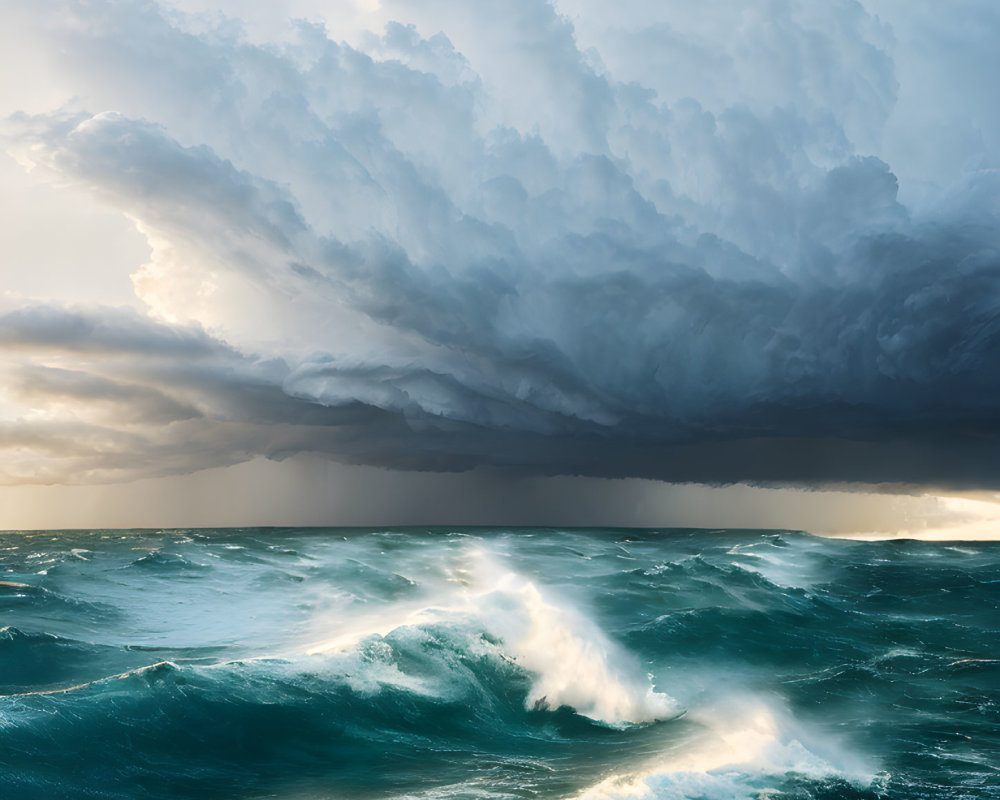 Dramatic Ocean Scene with Turbulent Waves and Ominous Storm Cloud