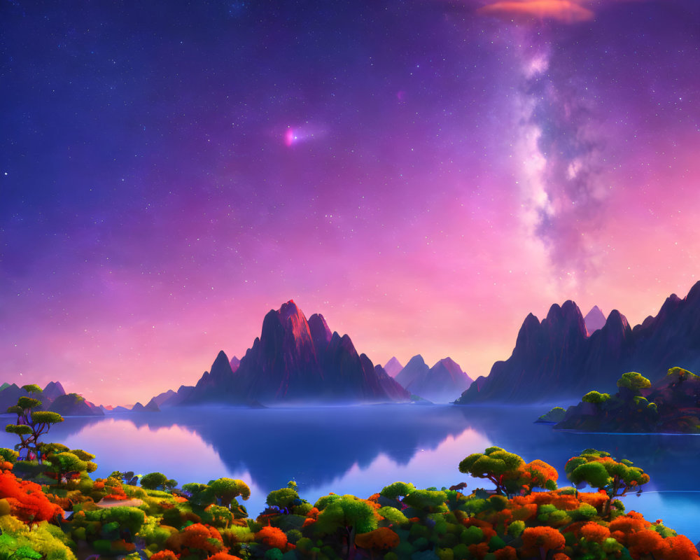 Serene lake, colorful flora, majestic mountains under starry sky