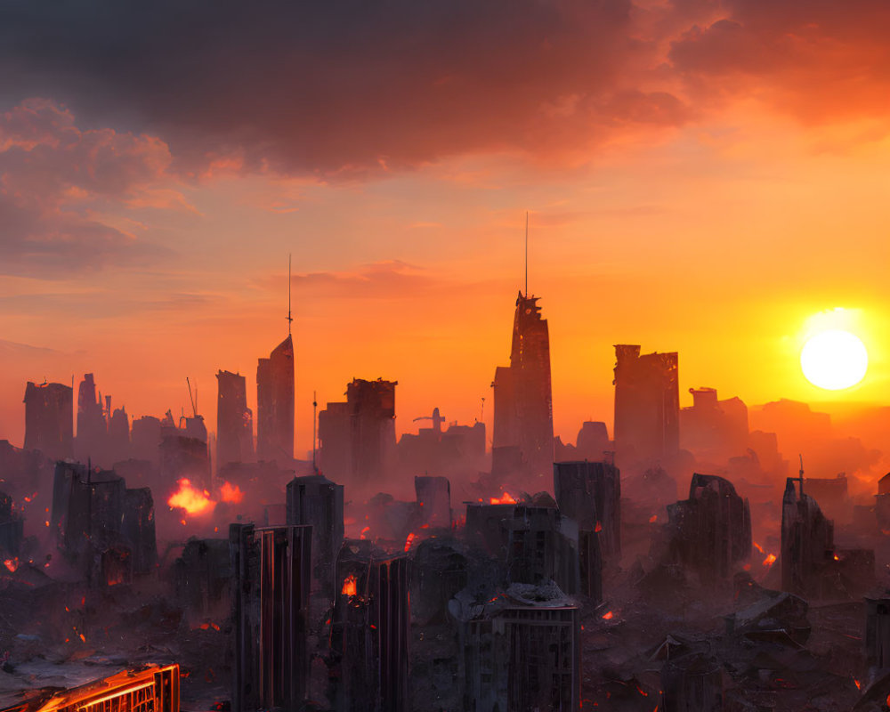 Dystopian sunset cityscape with crumbling skyscrapers and fires