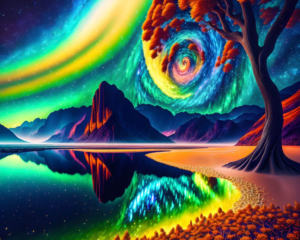 Surreal landscape with swirling sky and colorful flora