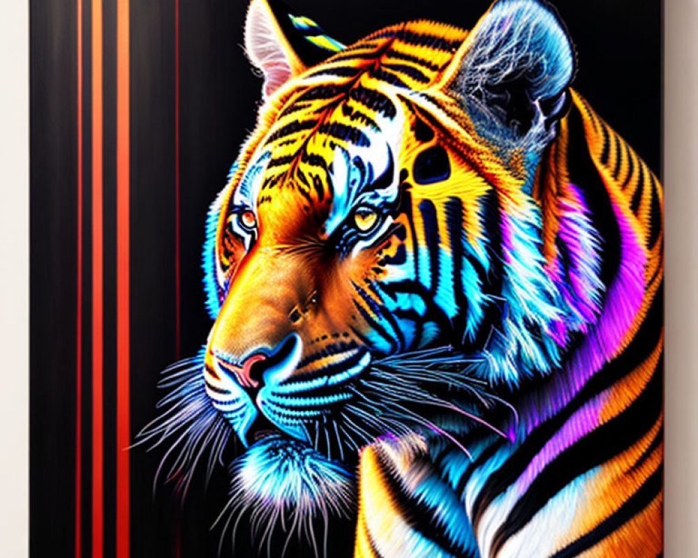 Colorful Tiger Face Artwork with Bold Striped Accents