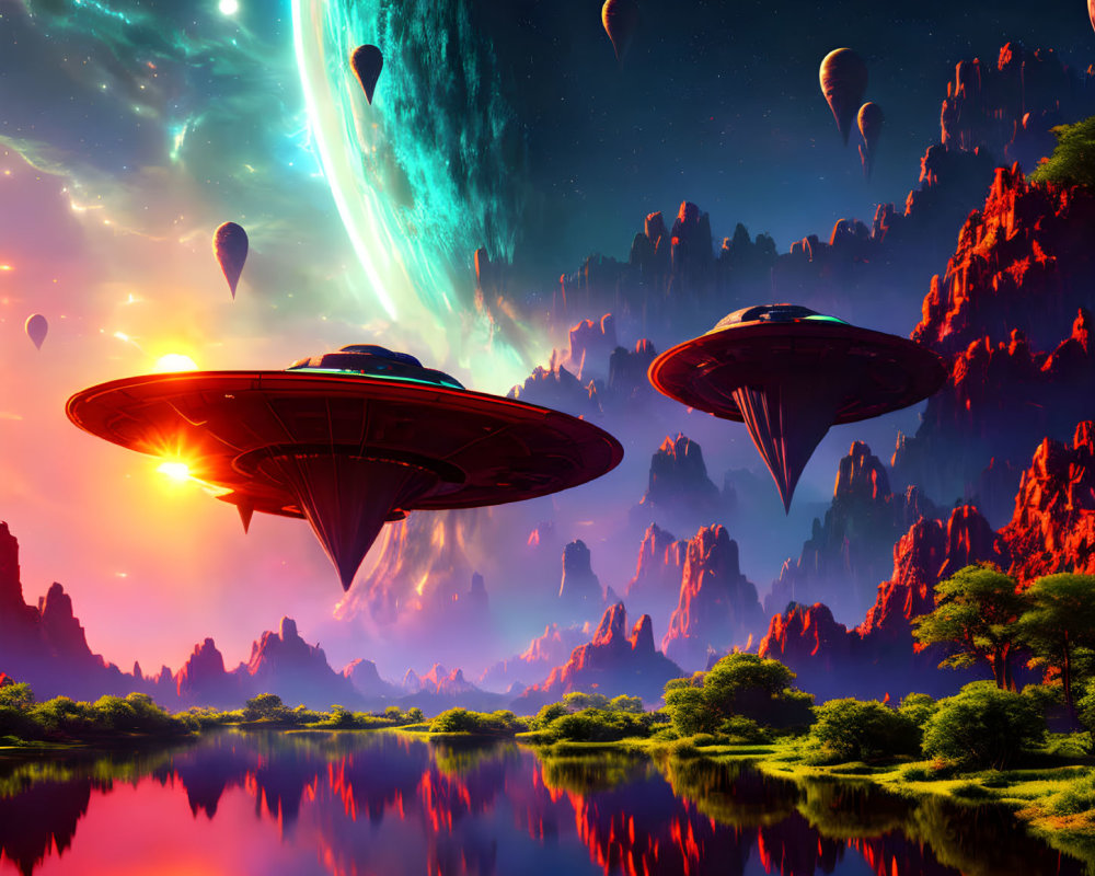 Sci-fi landscape with spaceships over alien lake and rocky terrain