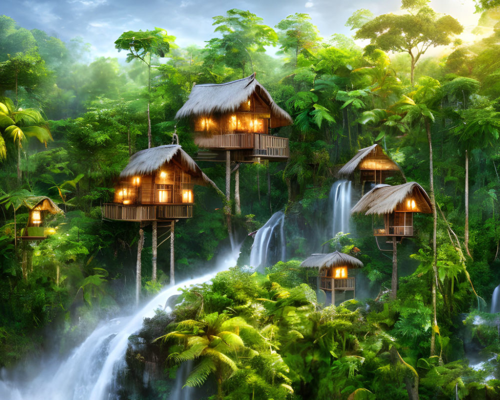 Tropical waterfall scene with thatched-roof huts and lush greenery