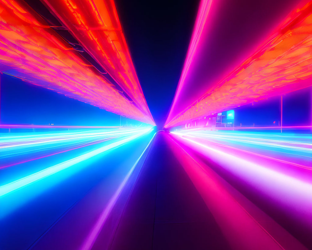 Colorful Neon Lights in Tunnel Converging to Vanishing Point