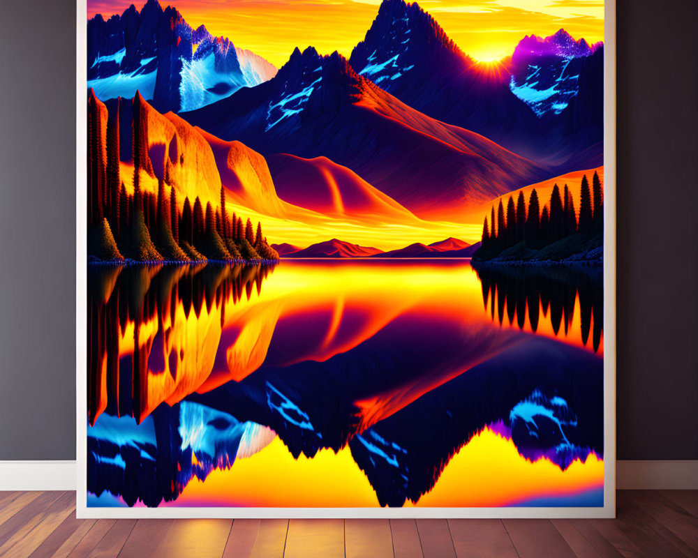 Colorful Mountain Reflection Painting at Sunset on Easel