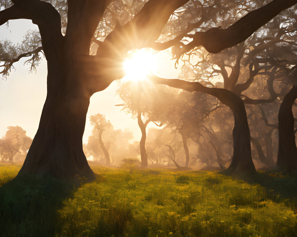 Ancient forest with twisted trees and lush green grass under sunlight