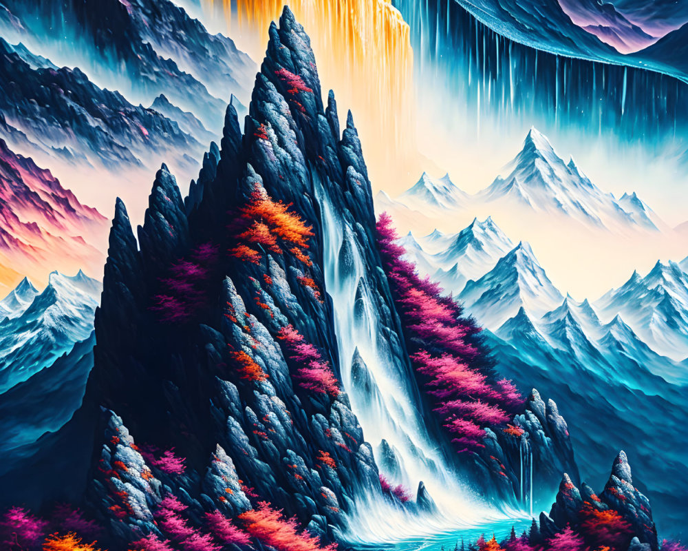 Fantastical landscape with towering mountain, waterfalls, colorful forests, snowy peaks, twilight sky