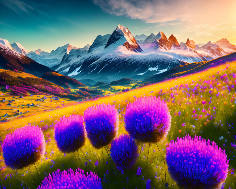 Majestic snow-capped mountains backdrop vivid purple flowers in glowing meadow