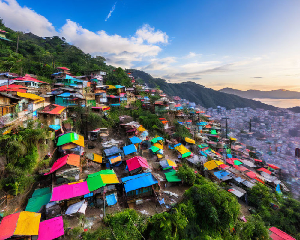 Colorful Hillside Shanty Town Rooftops Amid Greenery and Blue Sky