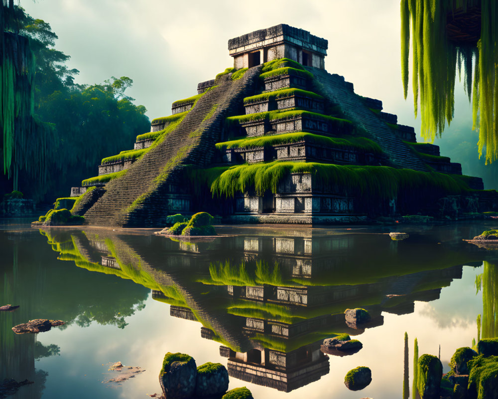 Ancient Mesoamerican Step Pyramid in Lush Surroundings