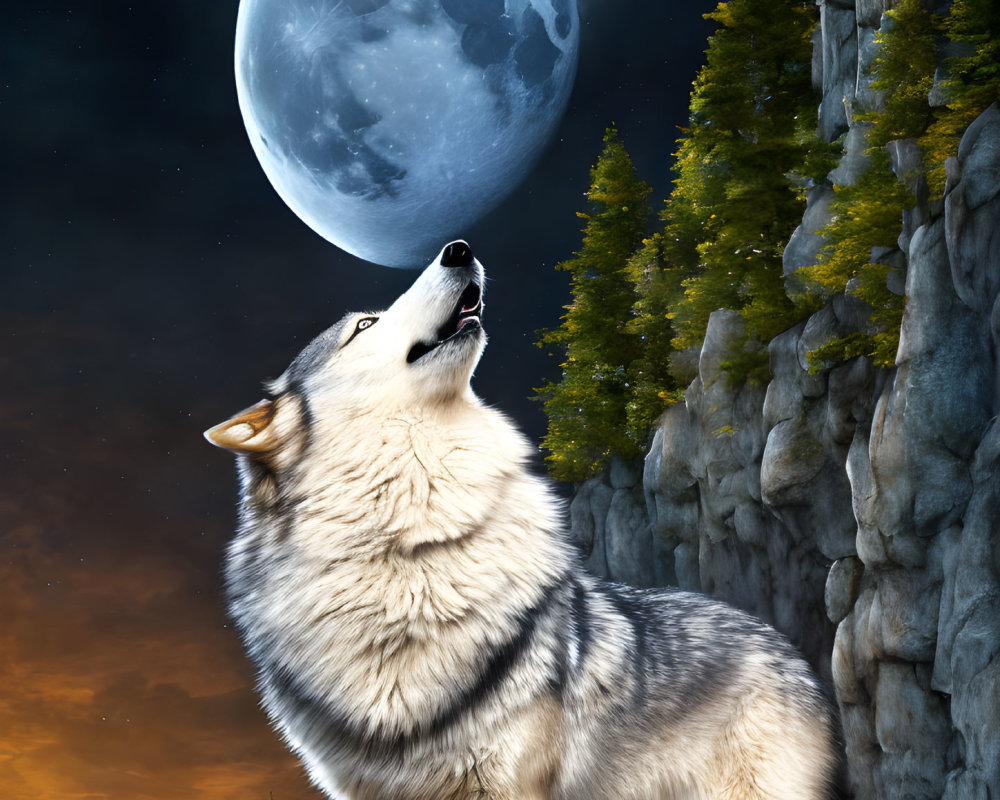 Wolf howling at full moon in twilight sky with pine trees and rocky cliff