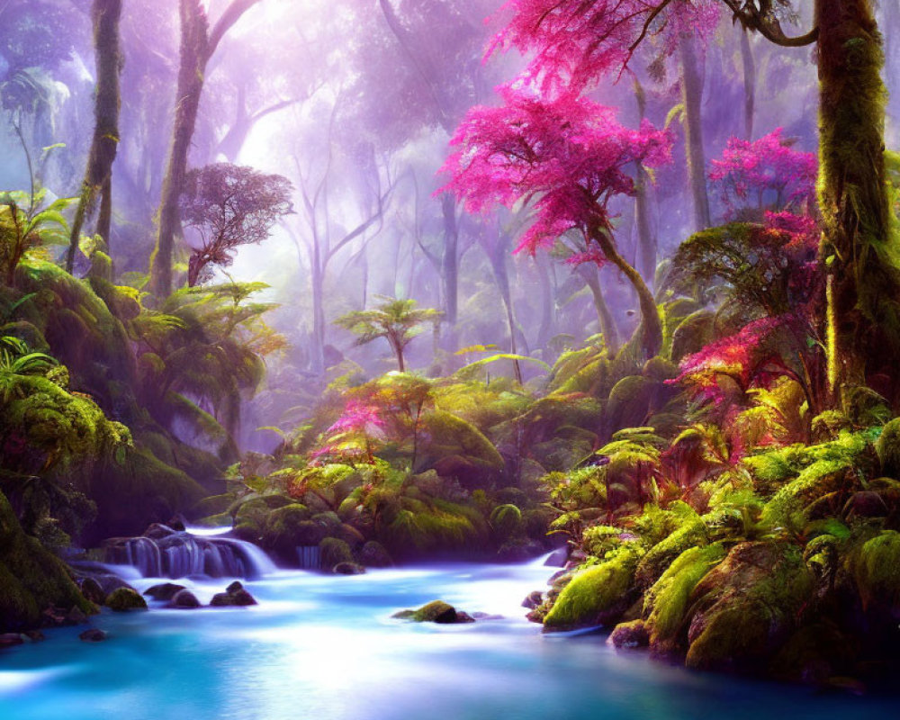 Vibrant pink foliage, lush greenery, serene blue stream in misty forest