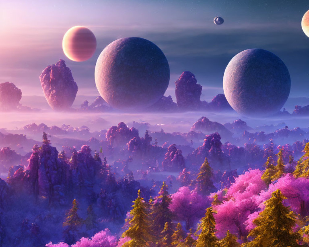 Fantastical landscape with purple foliage under a celestial sky