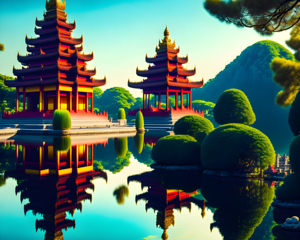 Traditional Asian pagodas by a calm lake in serene landscape