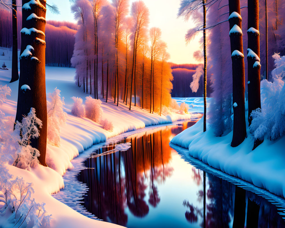 Snow-covered Trees and River at Sunset in Winter