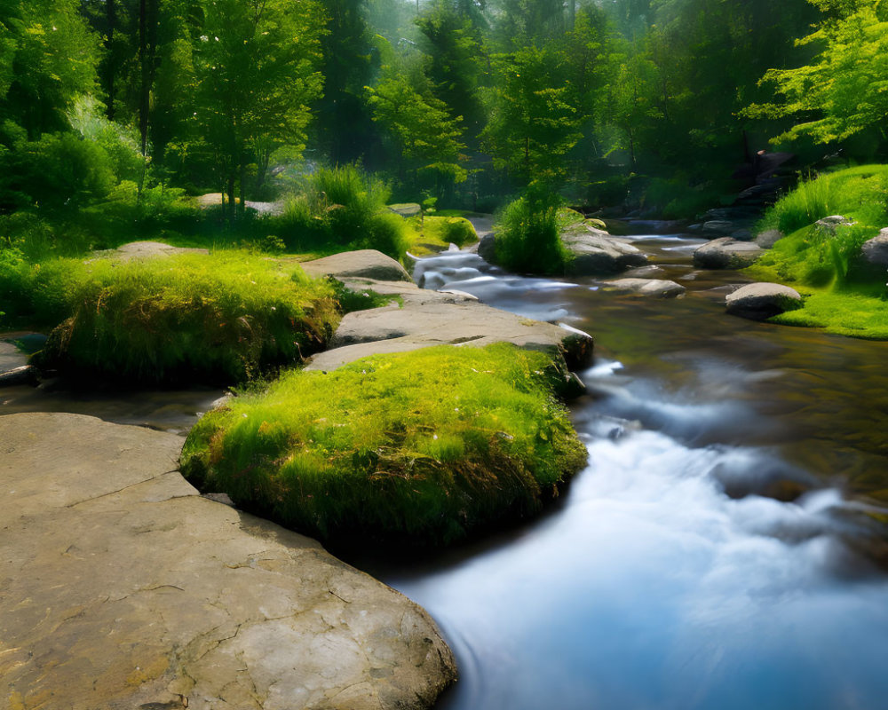 Tranquil stream in lush green forest with sunlight, rocks, and mossy banks