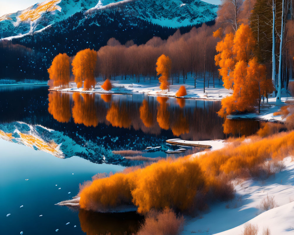 Tranquil Lake Scene with Orange Foliage, Snow-Capped Mountains, and Blue Sky