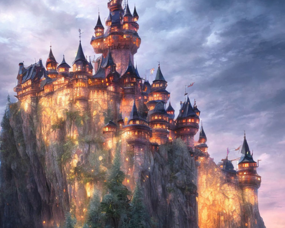 Enchanting twilight castle on cliff with glowing lights