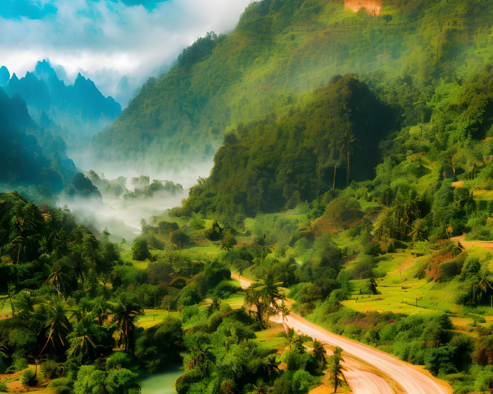 Scenic tropical landscape with winding road and river