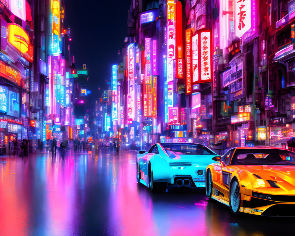 Vibrant neon-lit urban street at night with reflective surface and sports cars