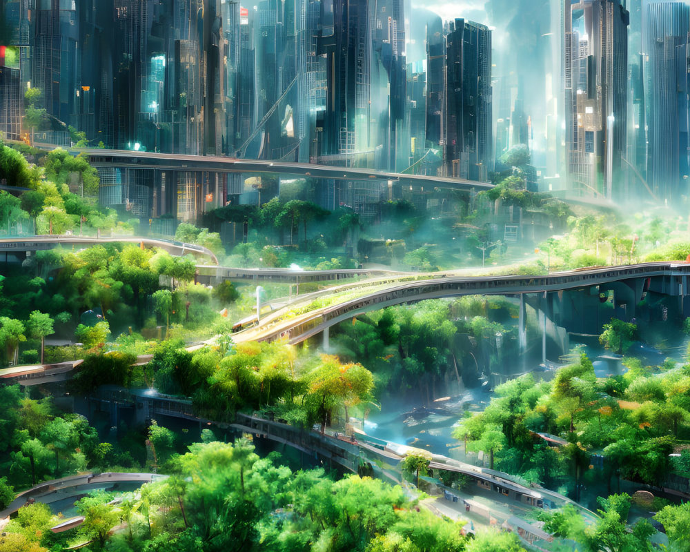 Futuristic cityscape with lush greenery and flying vehicles