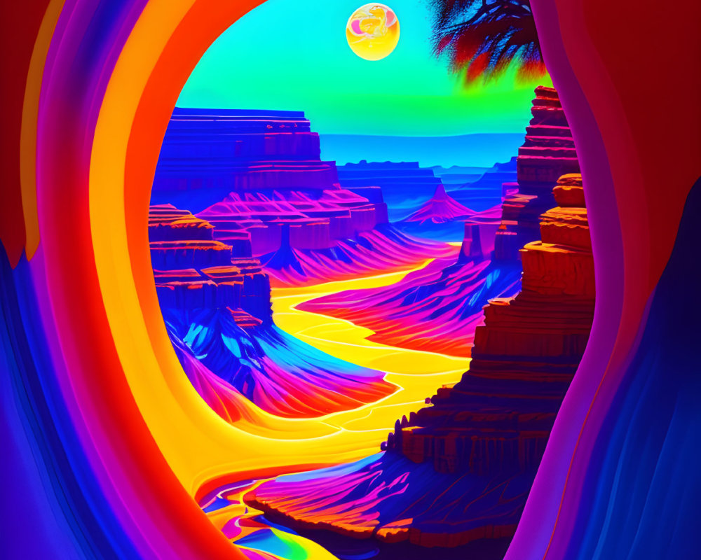 Colorful surreal landscape with flowing rivers, psychedelic cliffs, bright sun, and palm silhouette