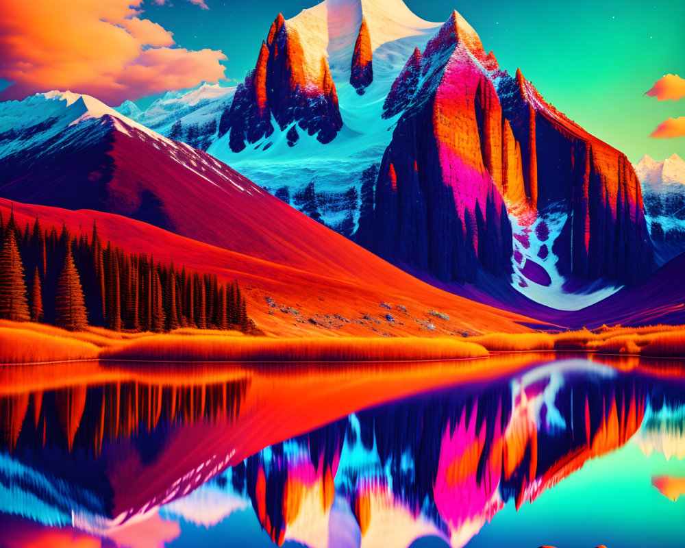 Surreal landscape with snow-capped mountains, starry sky, mirrored lake, and forest