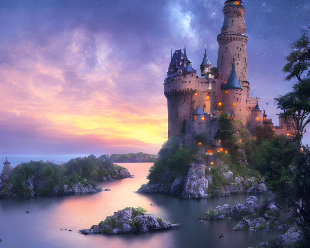 Enchanting fairy-tale castle on rocky cliff at dusk