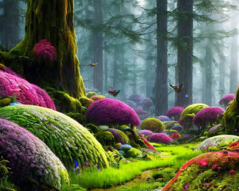 Vibrant Moss-Covered Stones in Misty Forest with Butterflies