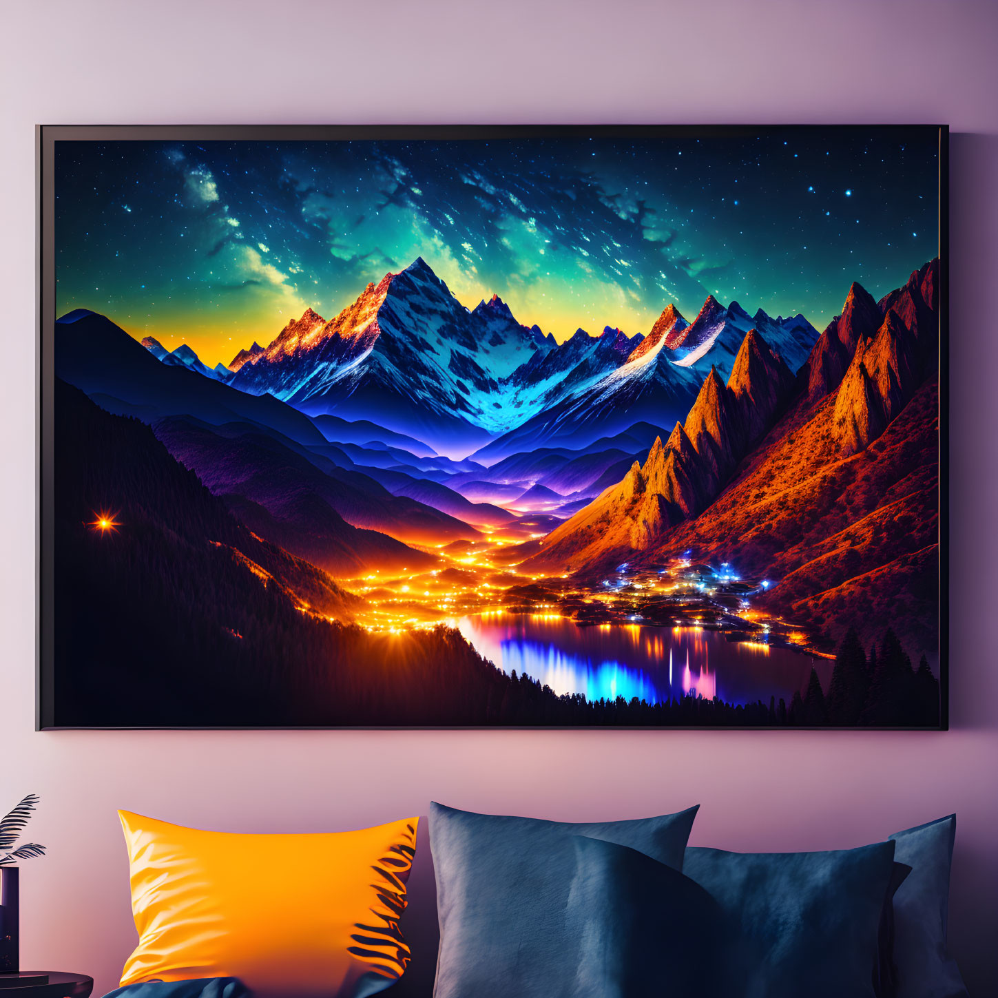 Mountainous Landscape Wall Art with Starry Sky and Luminous Lake for Modern Room Decor