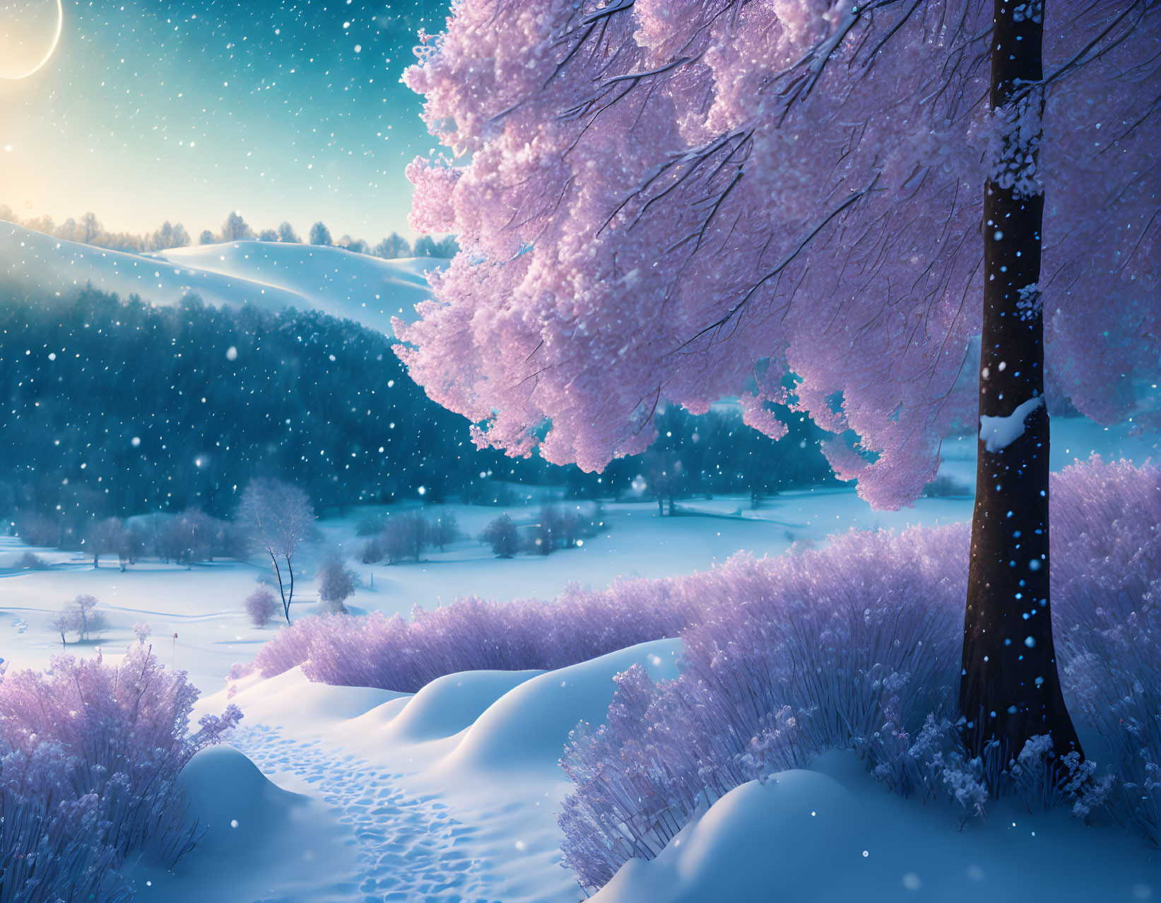 Winter Cherry Blossom Landscape Under Twilight Sky