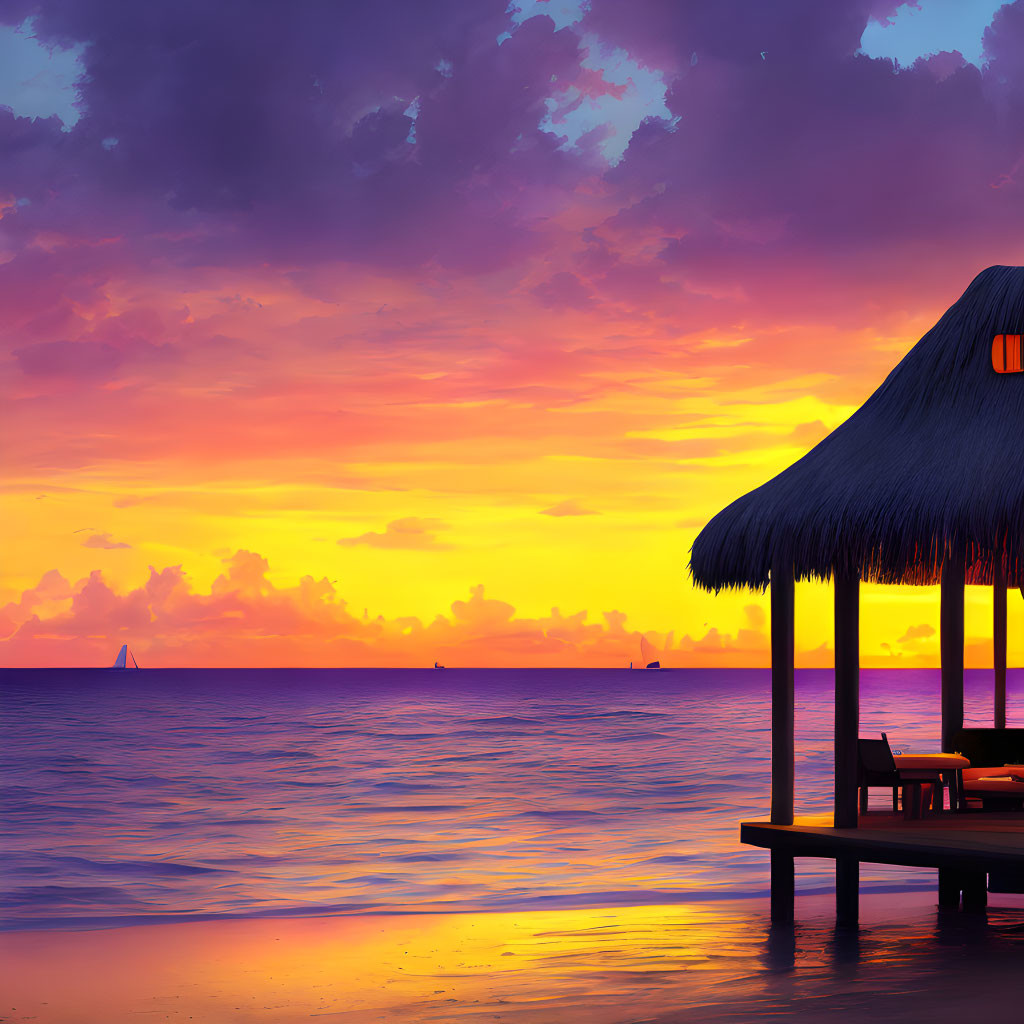 Colorful sunset over calm sea with boat silhouettes and thatched-roof hut on pier