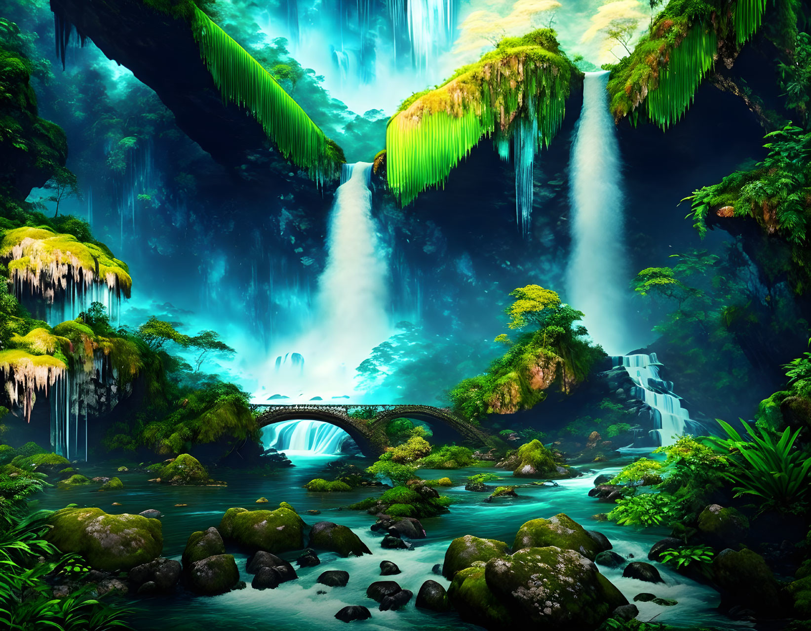 Lush Jungle Scene: Stone Bridge, Waterfalls, Moss-Covered Rocks