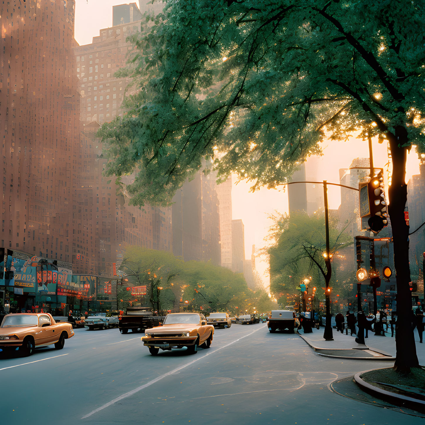 City street at sunset with vintage cars, pedestrians, and skyscrapers.