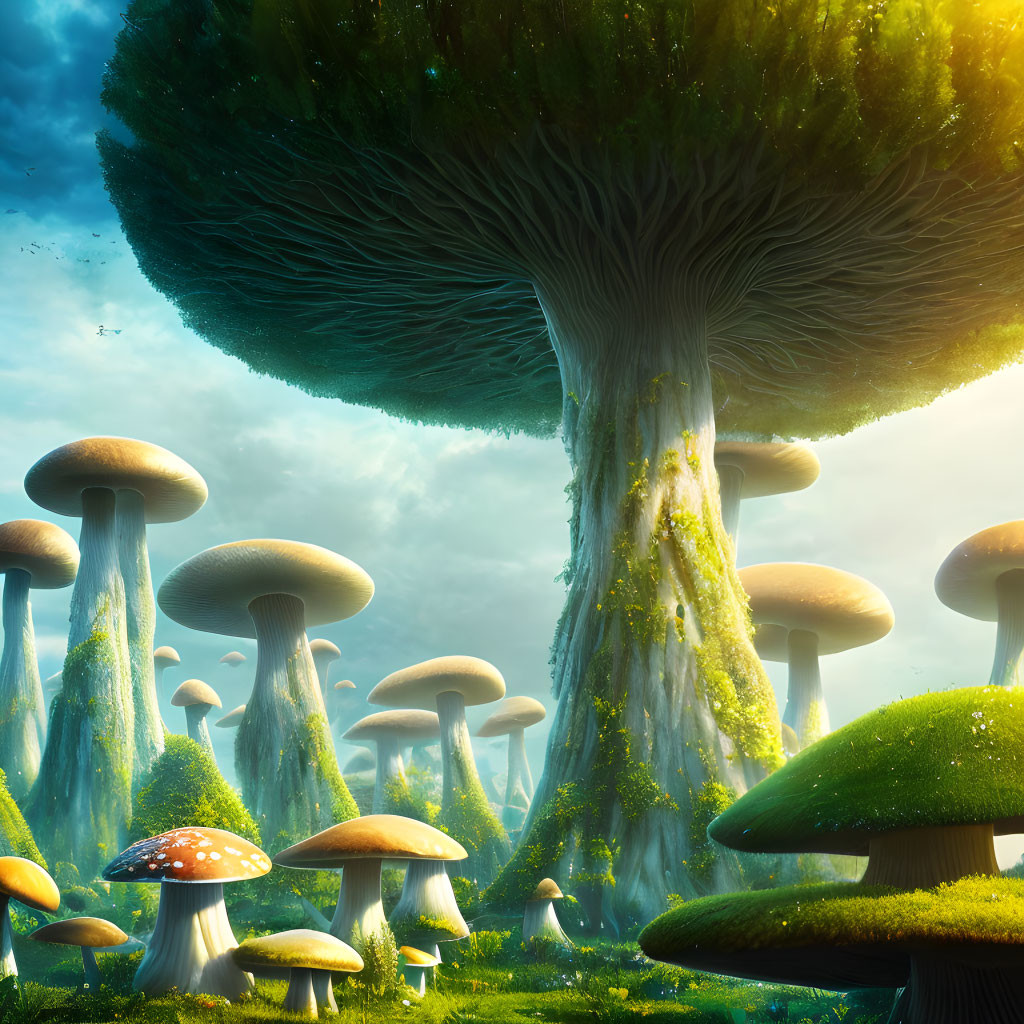 Enormous mushrooms and giant tree in magical forest with birds and sunbeams