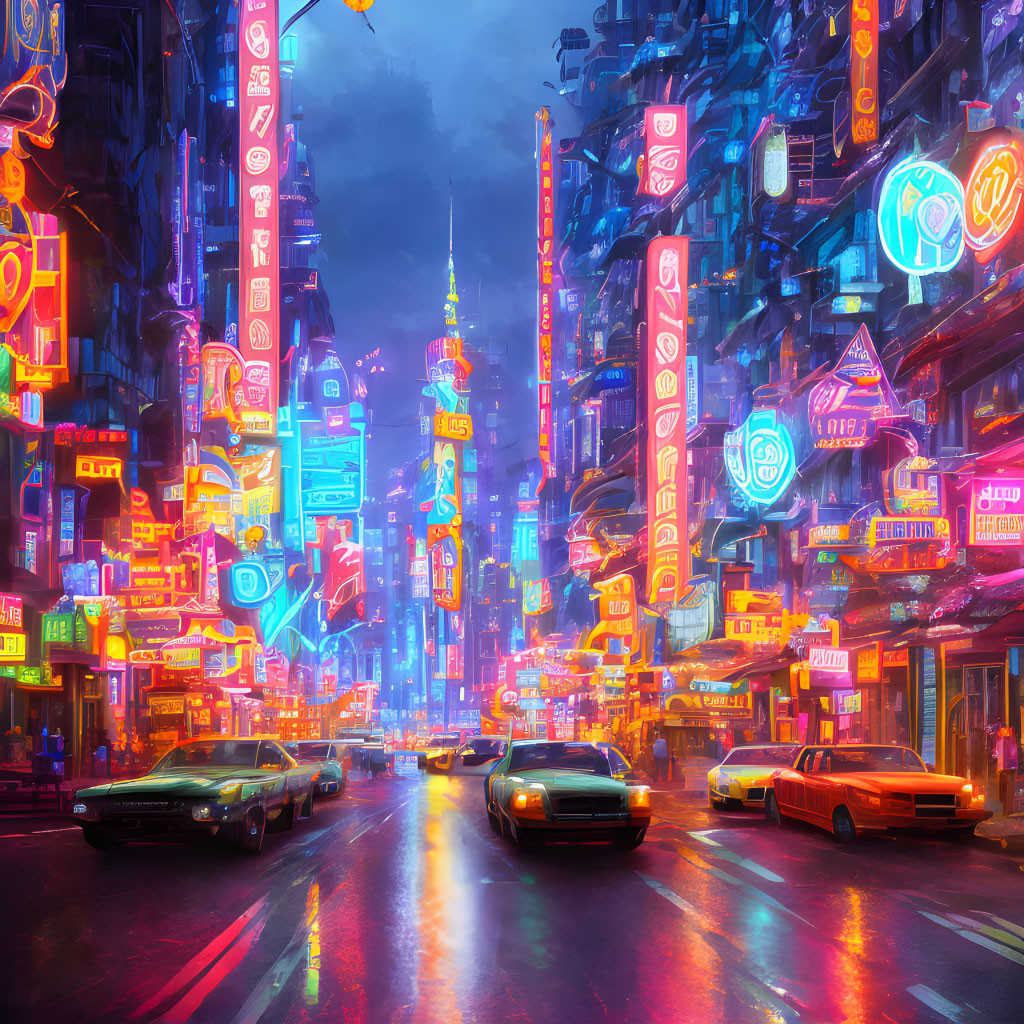 Vibrant neon-lit futuristic cityscape at dusk with wet streets and cars