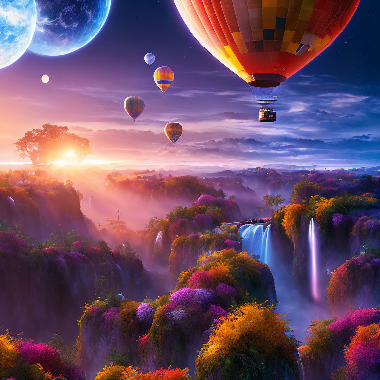 Colorful sunrise scene with waterfalls, hot air balloons, and celestial bodies.