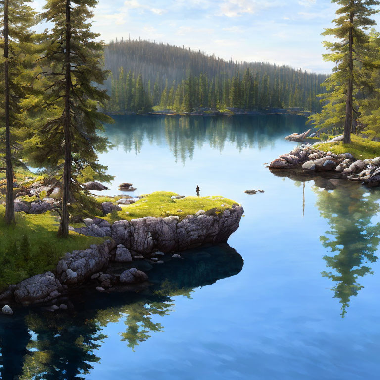 Tranquil lake with evergreen trees, clear reflection, and person on rocky outcrop