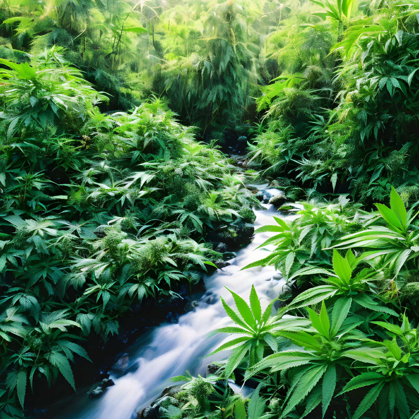 Tranquil stream amidst lush cannabis plants