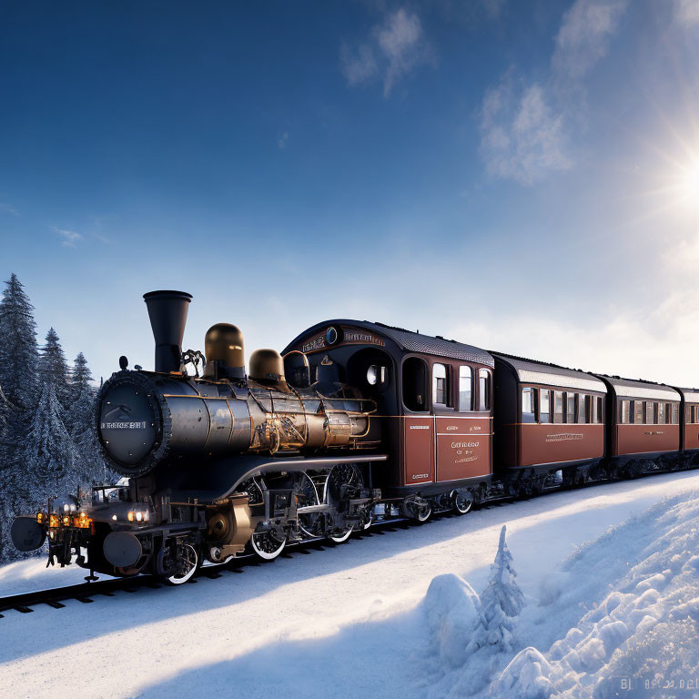 Vintage steam locomotive and passenger cars on snow-covered tracks in wintry forest.