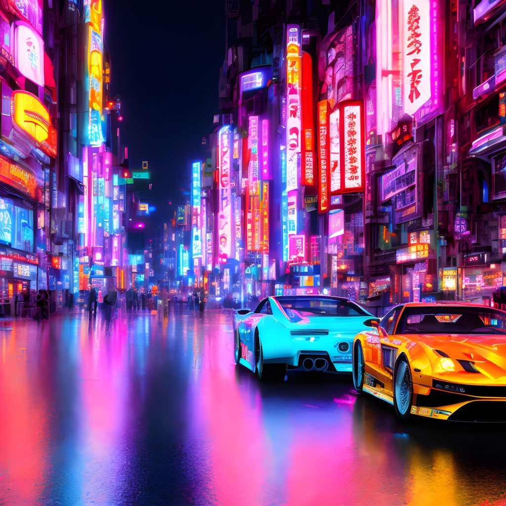 Vibrant neon-lit urban street at night with reflective surface and sports cars