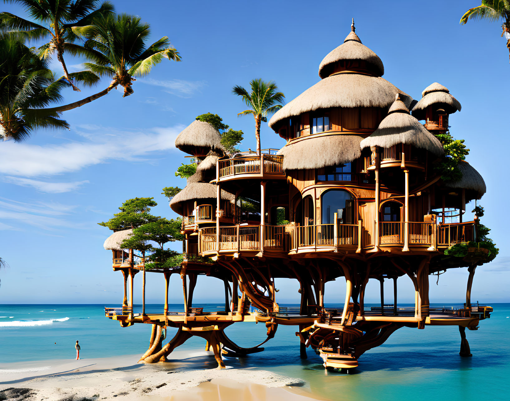 Thatched Roof Multi-Level Treehouse by Sandy Beach